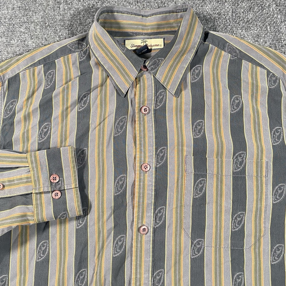Tommy Bahama Long Sleeve Striped Embossed Button Shirt Mens Large 100% Silk